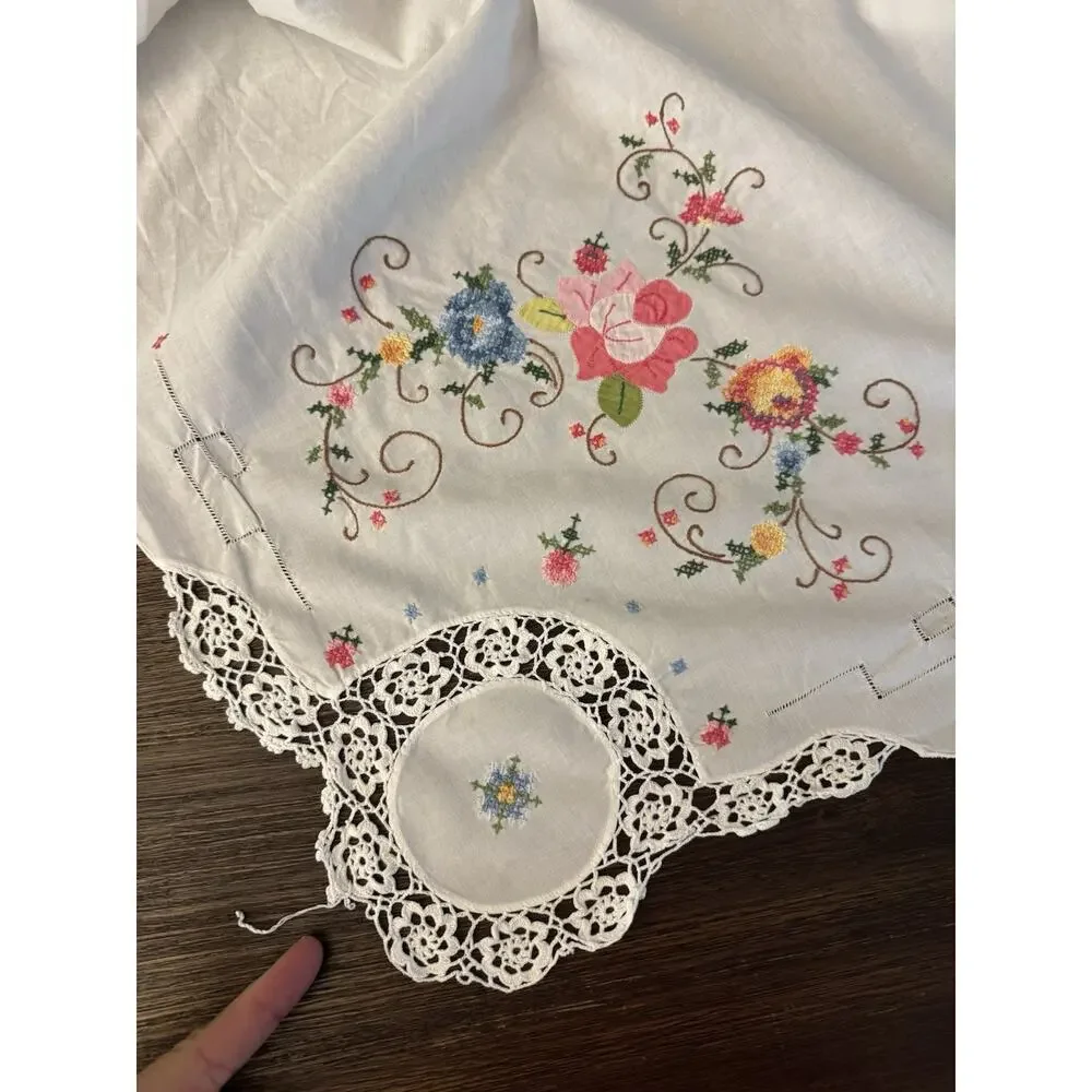 Vintage Hand Embroidered Cross Stitch Tablecloth Crochet Lace Insert 64x75”